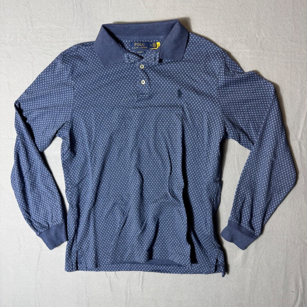 Polo Ralph Lauren Mens Blue Geometric Arrow Print Long Sleeve Polo Shirt Size M